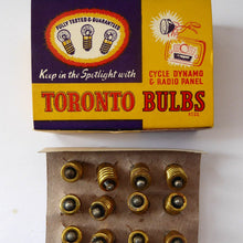 Load image into Gallery viewer, 1950s Vintage Tin Full of Original Toronto Light Bulbs for Cycle, Dynamo and Radio Panels. 6 Volt .25 amp
