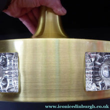 Load image into Gallery viewer, Carl Fagerlund. SWEDISH 1960s Gold Tone Pendant Lampshade with Clear Glass Inclusions and Original Diffuser Below
