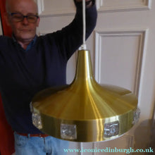 Load image into Gallery viewer, Carl Fagerlund. SWEDISH 1960s Gold Tone Pendant Lampshade with Clear Glass Inclusions and Original Diffuser Below

