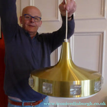Load image into Gallery viewer, Carl Fagerlund. SWEDISH 1960s Gold Tone Pendant Lampshade with Clear Glass Inclusions and Original Diffuser Below
