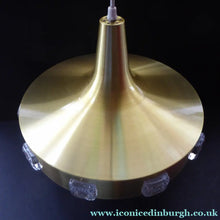 Load image into Gallery viewer, Carl Fagerlund. SWEDISH 1960s Gold Tone Pendant Lampshade with Clear Glass Inclusions and Original Diffuser Below
