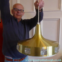 Load image into Gallery viewer, Carl Fagerlund. SWEDISH 1960s Gold Tone Pendant Lampshade with Clear Glass Inclusions and Original Diffuser Below
