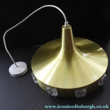 Load image into Gallery viewer, Carl Fagerlund. SWEDISH 1960s Gold Tone Pendant Lampshade with Clear Glass Inclusions and Original Diffuser Below
