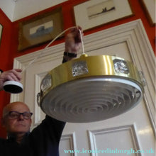Load image into Gallery viewer, Carl Fagerlund. SWEDISH 1960s Gold Tone Pendant Lampshade with Clear Glass Inclusions and Original Diffuser Below
