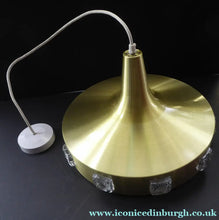 Load image into Gallery viewer, Carl Fagerlund. SWEDISH 1960s Gold Tone Pendant Lampshade with Clear Glass Inclusions and Original Diffuser Below
