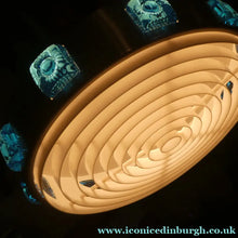 Load image into Gallery viewer, Carl Fagerlund. SWEDISH 1960s Silver Tone Pendant Lampshade with Blue Glass Inclusions and Original Diffuser Below
