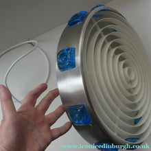 Load image into Gallery viewer, Carl Fagerlund. SWEDISH 1960s Silver Tone Pendant Lampshade with Blue Glass Inclusions and Original Diffuser Below
