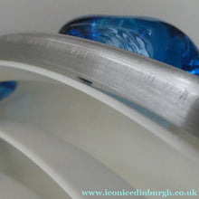 Load image into Gallery viewer, Carl Fagerlund. SWEDISH 1960s Silver Tone Pendant Lampshade with Blue Glass Inclusions and Original Diffuser Below
