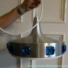 Load image into Gallery viewer, Carl Fagerlund. SWEDISH 1960s Silver Tone Pendant Lampshade with Blue Glass Inclusions and Original Diffuser Below
