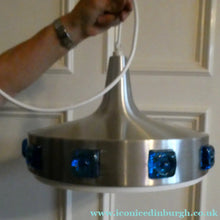 Load image into Gallery viewer, Carl Fagerlund. SWEDISH 1960s Silver Tone Pendant Lampshade with Blue Glass Inclusions and Original Diffuser Below
