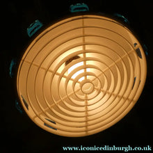 Load image into Gallery viewer, Carl Fagerlund. SWEDISH 1960s Silver Tone Pendant Lampshade with Blue Glass Inclusions and Original Diffuser Below
