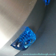 Load image into Gallery viewer, Carl Fagerlund. SWEDISH 1960s Silver Tone Pendant Lampshade with Blue Glass Inclusions and Original Diffuser Below
