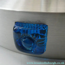 Load image into Gallery viewer, Carl Fagerlund. SWEDISH 1960s Silver Tone Pendant Lampshade with Blue Glass Inclusions and Original Diffuser Below
