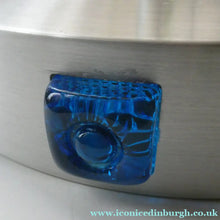 Load image into Gallery viewer, Carl Fagerlund. SWEDISH 1960s Silver Tone Pendant Lampshade with Blue Glass Inclusions and Original Diffuser Below

