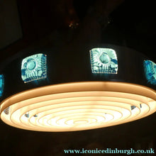 Load image into Gallery viewer, Carl Fagerlund. SWEDISH 1960s Silver Tone Pendant Lampshade with Blue Glass Inclusions and Original Diffuser Below
