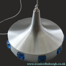 Load image into Gallery viewer, Carl Fagerlund. SWEDISH 1960s Silver Tone Pendant Lampshade with Blue Glass Inclusions and Original Diffuser Below
