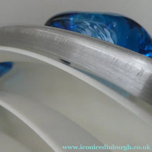 Load image into Gallery viewer, Carl Fagerlund. SWEDISH 1960s Silver Tone Pendant Lampshade with Blue Glass Inclusions and Original Diffuser Below

