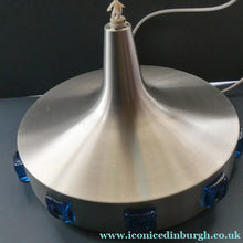 Load image into Gallery viewer, Carl Fagerlund. SWEDISH 1960s Silver Tone Pendant Lampshade with Blue Glass Inclusions and Original Diffuser Below
