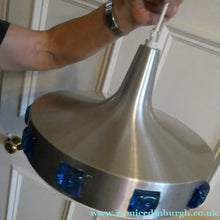 Load image into Gallery viewer, Carl Fagerlund. SWEDISH 1960s Silver Tone Pendant Lampshade with Blue Glass Inclusions and Original Diffuser Below
