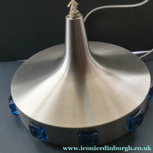 Load image into Gallery viewer, Carl Fagerlund. SWEDISH 1960s Silver Tone Pendant Lampshade with Blue Glass Inclusions and Original Diffuser Below
