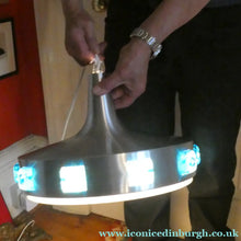 Load image into Gallery viewer, Carl Fagerlund. SWEDISH 1960s Silver Tone Pendant Lampshade with Blue Glass Inclusions and Original Diffuser Below
