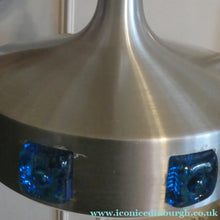 Load image into Gallery viewer, Carl Fagerlund. SWEDISH 1960s Silver Tone Pendant Lampshade with Blue Glass Inclusions and Original Diffuser Below
