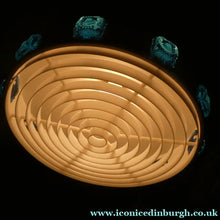 Load image into Gallery viewer, Carl Fagerlund. SWEDISH 1960s Silver Tone Pendant Lampshade with Blue Glass Inclusions and Original Diffuser Below

