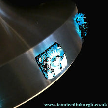 Load image into Gallery viewer, Carl Fagerlund. SWEDISH 1960s Silver Tone Pendant Lampshade with Blue Glass Inclusions and Original Diffuser Below
