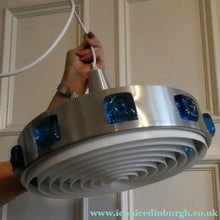 Load image into Gallery viewer, Carl Fagerlund. SWEDISH 1960s Silver Tone Pendant Lampshade with Blue Glass Inclusions and Original Diffuser Below
