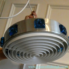 Load image into Gallery viewer, Carl Fagerlund. SWEDISH 1960s Silver Tone Pendant Lampshade with Blue Glass Inclusions and Original Diffuser Below
