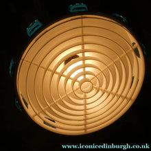 Load image into Gallery viewer, Carl Fagerlund. SWEDISH 1960s Silver Tone Pendant Lampshade with Blue Glass Inclusions and Original Diffuser Below

