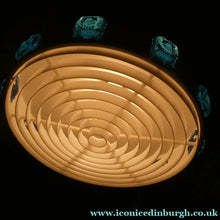Load image into Gallery viewer, Carl Fagerlund. SWEDISH 1960s Silver Tone Pendant Lampshade with Blue Glass Inclusions and Original Diffuser Below
