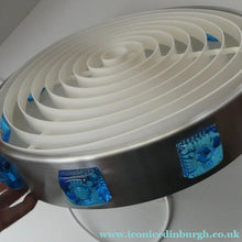 Load image into Gallery viewer, Carl Fagerlund. SWEDISH 1960s Silver Tone Pendant Lampshade with Blue Glass Inclusions and Original Diffuser Below

