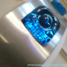 Load image into Gallery viewer, Carl Fagerlund. SWEDISH 1960s Silver Tone Pendant Lampshade with Blue Glass Inclusions and Original Diffuser Below
