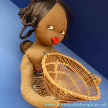 Load image into Gallery viewer, CLOTH DOLL. Vintage 1950s Native Lady Doll. Hand Made Lady Carrying a Wicker Basket and with Baby on her Back
