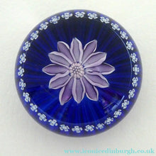 Load image into Gallery viewer, Scottish Paperweight by Peter McDougall Glass Studio. With Studio Cane on the Base with lilac lampwork flower 
