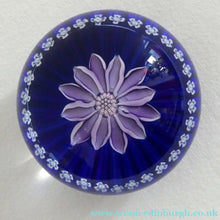 Load image into Gallery viewer, Scottish Paperweight by Peter McDougall Glass Studio. With Studio Cane on the Base with lilac lampwork flower 
