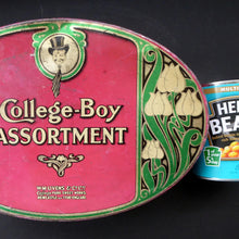 Load image into Gallery viewer, Rare Early 20th Century Art Nouveau Large Toffee Tin - College Boy Assortment by W M Livens &amp; Co Ltd (Newcastle)
