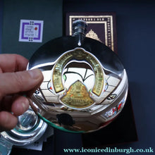 Load image into Gallery viewer, Contemporary Scottish Collectables. "Dimple" Round Hip Flask &amp; Pewter Rennie Mackintosh Quaich. Both Boxed
