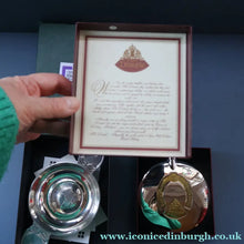 Load image into Gallery viewer, Contemporary Scottish Collectables. "Dimple" Round Hip Flask &amp; Pewter Rennie Mackintosh Quaich. Both Boxed

