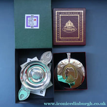 Load image into Gallery viewer, Contemporary Scottish Collectables. "Dimple" Round Hip Flask &amp; Pewter Rennie Mackintosh Quaich. Both Boxed
