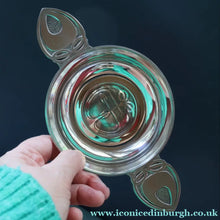 Load image into Gallery viewer, Contemporary Scottish Collectables. ’Dimple’ Round Hip Flask &amp; Pewter Rennie Mackintosh Quaich. Both Boxed - Scottish
