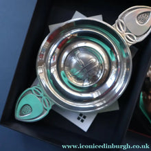 Load image into Gallery viewer, Contemporary Scottish Collectables. "Dimple" Round Hip Flask &amp; Pewter Rennie Mackintosh Quaich. Both Boxed
