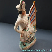 Load image into Gallery viewer, CRIMEAN WAR Interest. 1850s Antique Staffordshire Figurine of a Scottish Soldier with Raised Flag. SCOTLAND'S PRIDE

