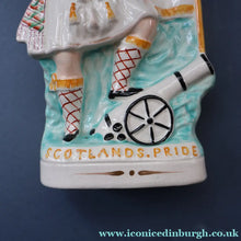 Load image into Gallery viewer, CRIMEAN WAR Interest. 1850s Antique Staffordshire Figurine of a Scottish Soldier with Raised Flag. SCOTLAND'S PRIDE
