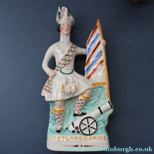 Load image into Gallery viewer, CRIMEAN WAR Interest. 1850s Antique Staffordshire Figurine of a Scottish Soldier with Raised Flag. SCOTLAND'S PRIDE
