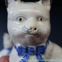 Load image into Gallery viewer, Cute Little Pair of Antique Staffordshire Pottery Mantle Cats with Blue Bows; c 1900
