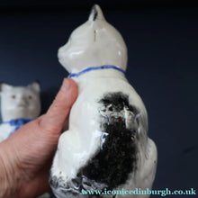 Load image into Gallery viewer, Cute Little Pair of Antique Staffordshire Pottery Mantle Cats with Blue Bows; c 1900
