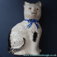 Load image into Gallery viewer, Cute Little Pair of Antique Staffordshire Pottery Mantle Cats with Blue Bows; c 1900
