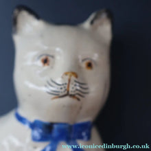 Load image into Gallery viewer, Cute Little Pair of Antique Staffordshire Pottery Mantle Cats with Blue Bows; c 1900
